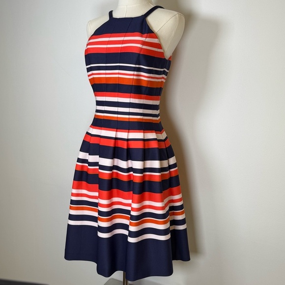 Vince Camuto Striped Scuba Halterneck Pleated Fit And Flare Dress Women’s Size 2 - Picture 2 of 15